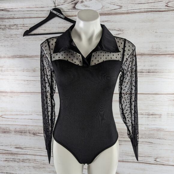 Shein Black Collar Ribbed Bodysuit with Polkadot Mesh Bodysuit - Picture 1 of 6